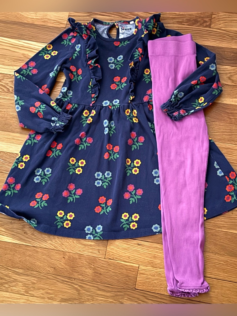 Bundle of Mini Boden 7-8Y Ruffle Front Navy Floral Print Dress and 8-9Y Leggings